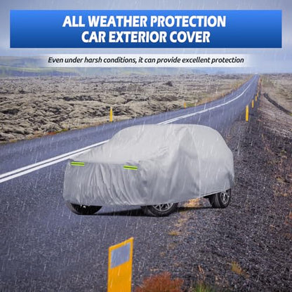 6 Layers Car Cover Waterproof All Weather for Automobiles, SUV Cover Size A7 Universal Fit for Toyota Highlander, Honda Pilot, Nissan Pathfinder/Murano, BMW X5(191-201 inch), Silver