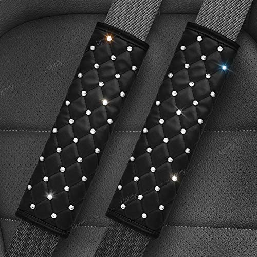 Car Leather Safety Belt Covers - Crystal Diamond Black Seat Belt Shoulder Pads for Women or Girls (2Pcs) - color: 2.1 Crystal
