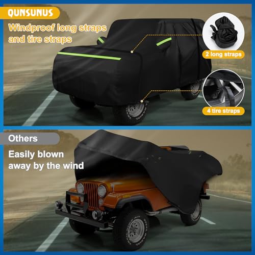 QUNSUNUS Waterproof Car Cover for Jeep CJ5 1955-1983, Outdoor Cj5 Cover with Cotton Lining, All Weather Cover with Straps and Zipper for Wind, Sun, UV and Dust Protection - size: for Jeep CJ5
