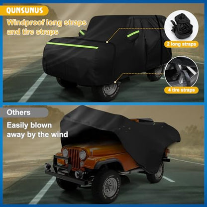QUNSUNUS Waterproof Car Cover for Jeep CJ5 1955-1983, Outdoor Cj5 Cover with Cotton Lining, All Weather Cover with Straps and Zipper for Wind, Sun, UV and Dust Protection - size: for Jeep CJ5