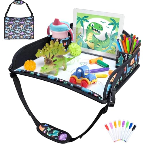 Kids Travel Tray for Toddler Carseat, Road Trip Activities Essentials for Toddler, Kids Travel Lap Desk Tray with Holder Stand ＆ Dry Erase Board (Dinosaur) - color: Dinosaur