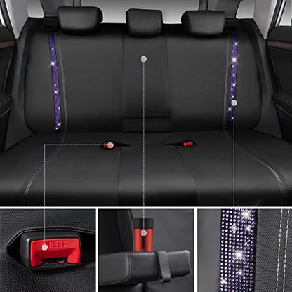 CAR PASS Bling Diamond Car Seat Covers Full Set,Shining Rhinestone Waterproof Faux Leather,Rear with Zipper,Universal Fit Automotive Glitter Crystal Sparkle Strips for Women,Violet Purple Rhinestone - color: Black Violet Diamond, size: Full Set