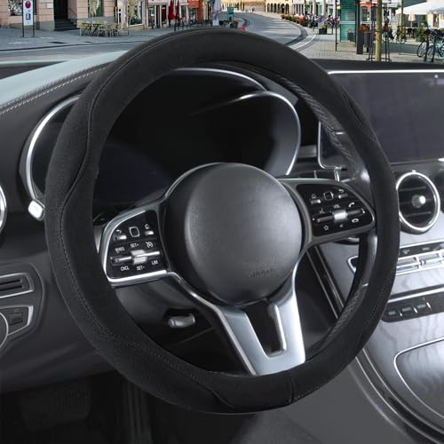 14 inch Black Suede Steering Wheel Cover, Breathable Non-Slip Sweat-Proof Wear-Resistant No Pilling, Warm in Winter and Cool in Summer - color: Black, size: Round-S[13.5''-14'']