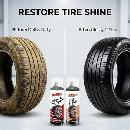 Wheel & Tire Cleaning Kit - 2 Pack (14 oz Bottles) | All-in-One Cleaner for Brake Dust & Grime | Restores Tire Shine | Includes Wheel Cleaner, Tire Shine, Brush & Towel