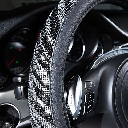 CAR PASS Bling Diamond Leather Steering Wheel Cover, with Bling Sparkly Crystal Glitter Rhinestone Universal Fit 14" 1/2-15" Car Wheel Protector Fit for Women Girl SUV,Vans,Sedans,Trucks, Zebra Print - color: Zebra Print Diamond