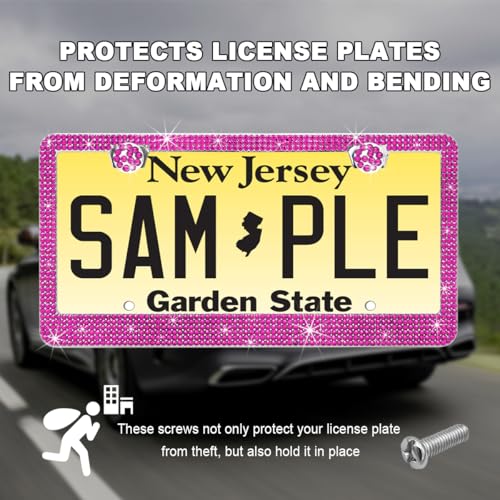 DXNQ 2PCS Bling License Plate Frame, Sparkly Rhinestone Diamond License Plate Cover with Crystal Screws Caps, Glitter Crystal Stainless Steel License Plate Holder for Women (Pink) - color: Pink, 2PCS