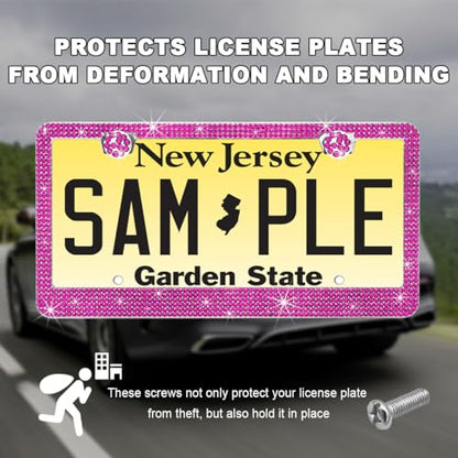 DXNQ 2PCS Bling License Plate Frame, Sparkly Rhinestone Diamond License Plate Cover with Crystal Screws Caps, Glitter Crystal Stainless Steel License Plate Holder for Women (Pink) - color: Pink, 2PCS
