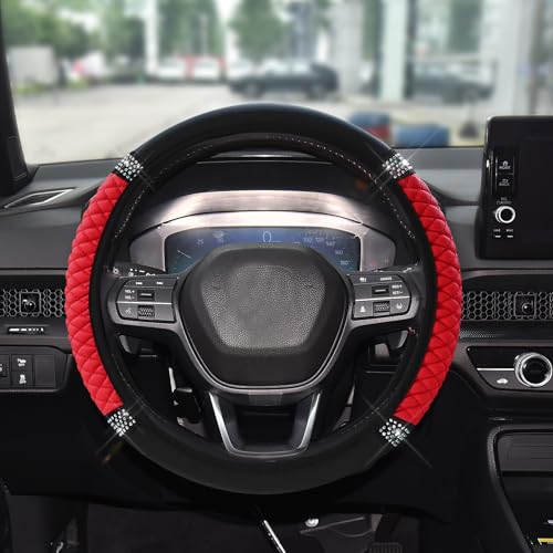 Bling Soft Leather Steering Wheel Cover, 15 Inch Colorful Rhinestones Auto Elastic Steering Wheel Protector for Women Girls, Car Accessories Anti Slip Steering Wheel Cover for Cars, SUVs (Red) - color: Red