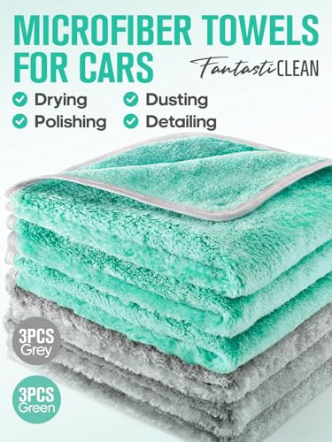 Fantasticlean Microfiber Car Detailing Towels, Car Drying Towel with Edge, Plush, Coral Fleece, 700GSM, 16" x 16", 6 Pack, Scratch-Free, Ultra Absorbent, Car RV Boat House Cleaning (Grey and Green)