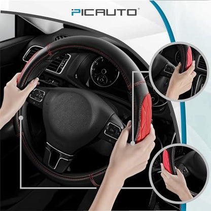PIC AUTO Steering Wheel Cover, Red Thick Rhombic Foam and Premium Leather, Universal 14.5-15.5 Inch Breathable Anti-Slip Steering Wheels Accessories for Men & Women - color: Red