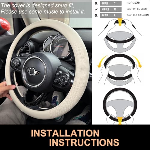 PINCTROT Nappa Leather Steering Wheel Cover, Slim Fit No Bulk Design, One Piece Leather with Breathable Perforation, Fit Like Gloves, Universal 14.5-15 Inch(Nappa Beige) - color: 06.Beige, size: Medium(Standard) Size[14 1/2''-15'']