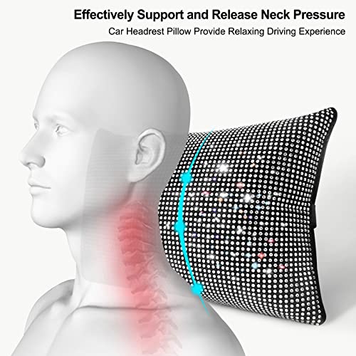 surpassme 2PCS Rhinestone Car Headrest Neck Pillow for Driving with Bling Bling Crystal Bow Pillow Car Accessories for Women (Silver/White) - color: 2 White Pillows