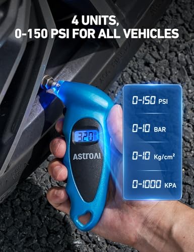 AstroAI Digital Tire Pressure Gauge 0-150PSI Calibrated to ANSI B40.7 +/-1PSI, Accurate in 0.1 Increments, Tire Repair Tools 4 Pressure Measurements for Car Truck with Backlight LCD, Blue - color: Blue