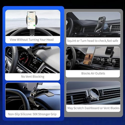 YUHENG Car Phone Holder Mount for Dashboard Rearview Mirror Sun Visor,360° Rotation & Strong Grip,Universal Adjustable Phone Clamp for iPhone 17 Pro Max 3–7” Phones | One-Hand Use, No-Block View