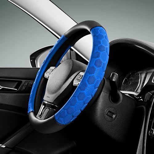 PIC AUTO Massage Steering Wheel Cover, Blue Football Pattern Material Spliced Leather Car Steering Wheel Protector, Car Interior Accessories, Universal Fit 14.5"-15.5" for Cars, Trucks, Van, SUV - color: Blue