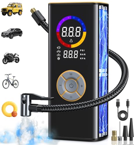 Tire Inflator Portable Air Compressor, 150PSI Air Pump for Car Tires with LED Light, Cordless Tire Pump with Digital Pressure Gauge, Tire Inflator for Car, Bike, Motorcycle, Ball (Black-Super) - color: Black-super