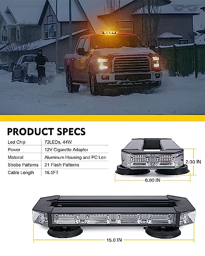 LUMENIX Rooftop Strobe Beacon Lights Bar Amber LED Emergency Traffic Security Lightbar w/Heavy-Duty Magnetic Base Warning Flashing Light for Construction Vehicles Trucks Postal Mail Carrier Snow Plow - color: Amber