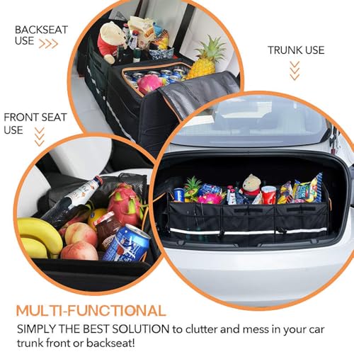 Extra Large Car Trunk Organizer with Insulated Leakproof Cooler, Heavy Duty 2mm PE Board, Adjustable Compartments with 4 Removable Dividers, 2 Securing Straps, Foldable SUV & Truck Storage Organizer