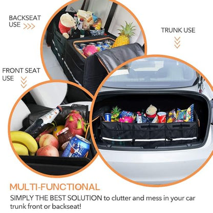 Extra Large Car Trunk Organizer with Insulated Leakproof Cooler, Heavy Duty 2mm PE Board, Adjustable Compartments with 4 Removable Dividers, 2 Securing Straps, Foldable SUV & Truck Storage Organizer