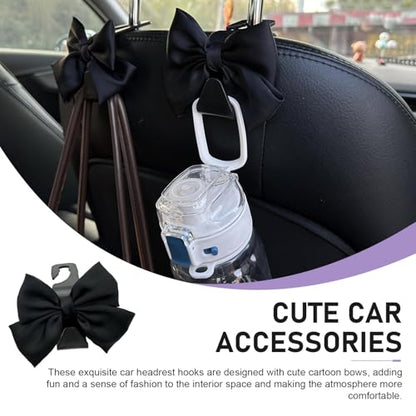 2 PCS Car Purse Hook, Cute Bow Seat Headrest Hooks, Automotive Interior Decorating Accessories, Car Accessories for Women (Black)