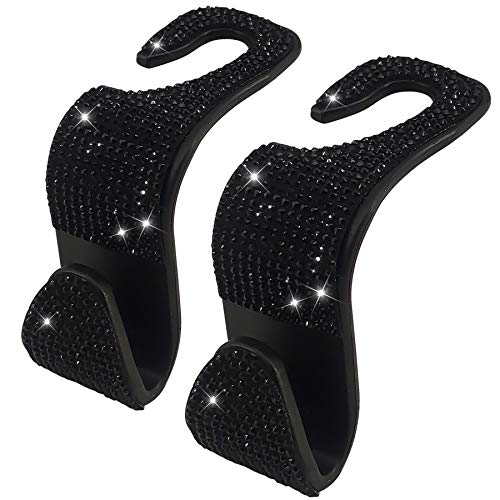 Dermasy 2 Pack Car Hooks, 2021 New Bling Rhinestones Crystal Hooks Car Decorations Auto Seat Back Organizers Strong and Durable Backseat Hanger Storage Universal for SUV Truck Vehicle (Black)