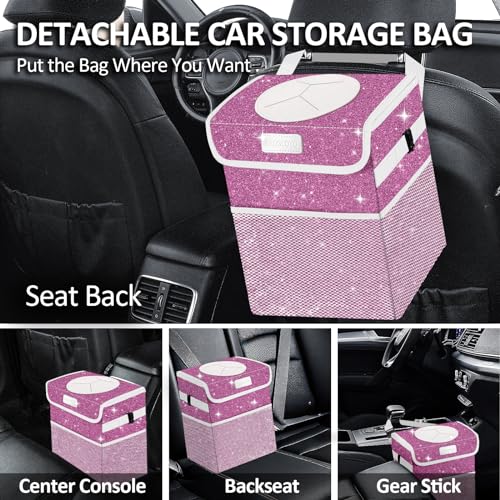 Cute Mini Car Trash Bag with Lid, Glitter Garbage Can Bin Hanging for Back/Front Seat/Console, Waterproof, Leakproof, 2.5 Gallon, Purple Bling Sparkly - color: Purple Bling Sparkly