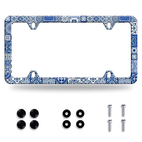 Blue and White Mexican Tiles License Plate Frame Beautiful Boho Mandala Tiles License Plate Stainless Steel Funny Auto Parts Colorful License Plate Decoration Screws Size 12.3" x 6.3" - color: Blue White Boho Mandala Tile