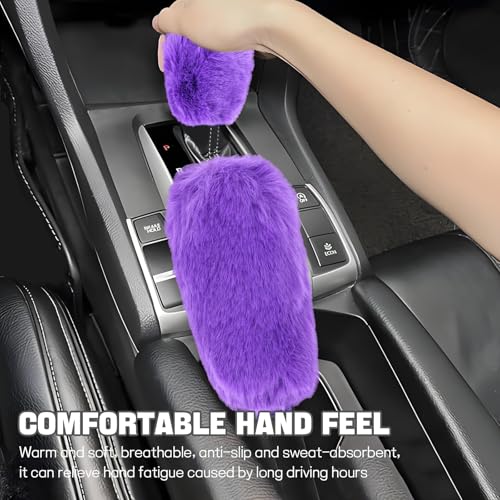 Hovom 2PCS Fluffy Car Gear Shift Knob Cover & Handbrake Cover, Soft Plush Hand Brake Handle & Gear Shift Cover for Women Girls, Universal Comfortable Warm Furry Car Accessories (Purple) - color: Purple