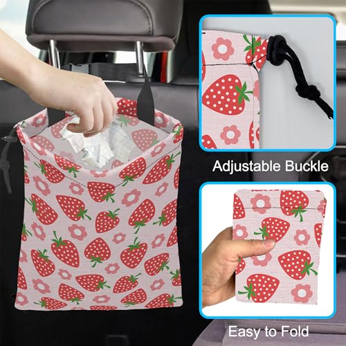 Car Trash Bag Strawberry Flower Car Garbage Bag Hanging Car Trash Can for Back Seat with Drawstring - color: Strawberry Flower