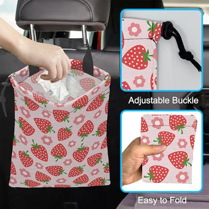 Car Trash Bag Strawberry Flower Car Garbage Bag Hanging Car Trash Can for Back Seat with Drawstring - color: Strawberry Flower