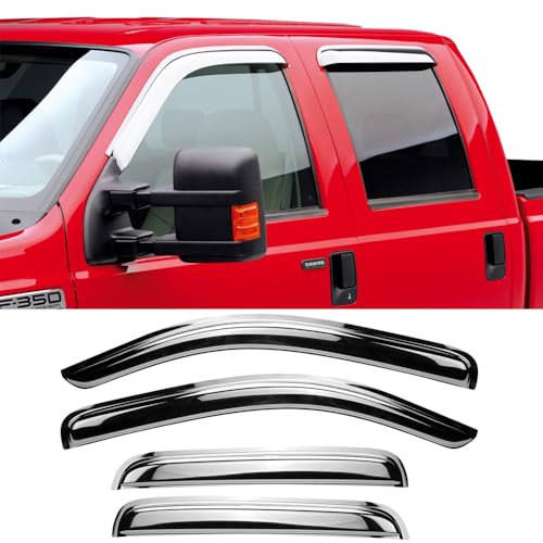 Chrome Side Window Visors Wind Vent Deflector for 15-22 Ford F150 Crew cab(Supercrew cab) 17-22 F250/F350 Super Duty Crew cab,4pcs Outside Mount Tape-On Chrome Sun Rain Guards Set 94975Y - size: 2015-2022 Ford F150 Crew Cab(Chrome)