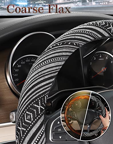 SEG Direct Boho Steering Wheel Cover with Baja Blanket Cloth, Ethnic Style Auto Wheel Cover Made of Coarse Flax, Fits 14 1/2-15 1/4 inches Car Wheel - color: Zebra White