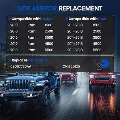 Passenger Right Side Lower Mirror Glass 68067730AA Compatible With Dodge Ram 1500 2500 3500 4500 5500 Towing Mirror 2010-2018, RH Side View Lower Convex Glass with Rear Mounting Bracket - style: Passenger Side Lower Mirror (Right)
