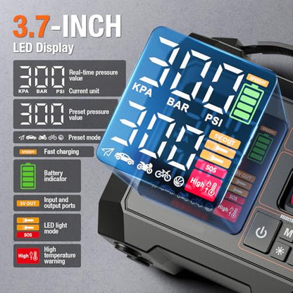 Portable Heavy-Duty Tire Inflator for Pickup Truck,RV, 300PSI Air Compressor, 9X Faster Inflator with 3.7 inch Digital Gauge. 5 Safety Protections and Cooling System for Truck, SUV, Compact Cars