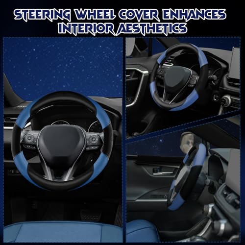 Soft Leather Steering Wheel Cover with Breathable Design and Anti-Slip Grip, Fully Compatible with Tesla, Toyota, Honda, Nissan 14.5-15.2 inch Round Steering Wheel（Sedans and SUVs） - color: DOUBLE-BLUE