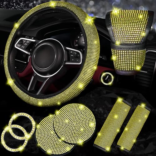 NBTEPEM 8 pcs Yellow Bling Car Accessories Set for Women, Steering Wheel Cover, Sparkly Seat Belt Covers, Bling Gear Shift Cover, Universal Fit Most Cars (Yellow Diamond) - color: Yellow Diamond, size: Steering Wheel Cover Set