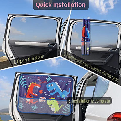 DIZA100 Car Window Shade for Baby, 2 Pack Car Sun Shades with Storage Net Pocket Auto Window Curtain 7 Suction Cups Blue Dinosaurs for Sun/Heat/UV Rays Protection Kids - color: Blue Dino-2pcs