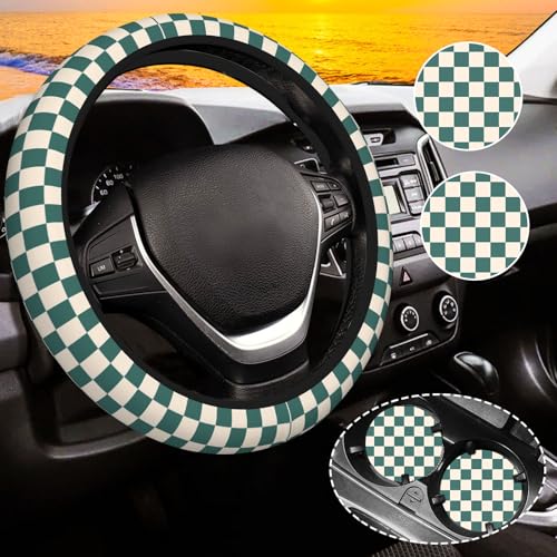 Dark Green Steering Wheel Cover for Women, Universal Auto Steering Wheel 14-15 Inch Car Interior Accessories with 2PCS Car Coasters, Suitable for Men and Women - color: Dark green