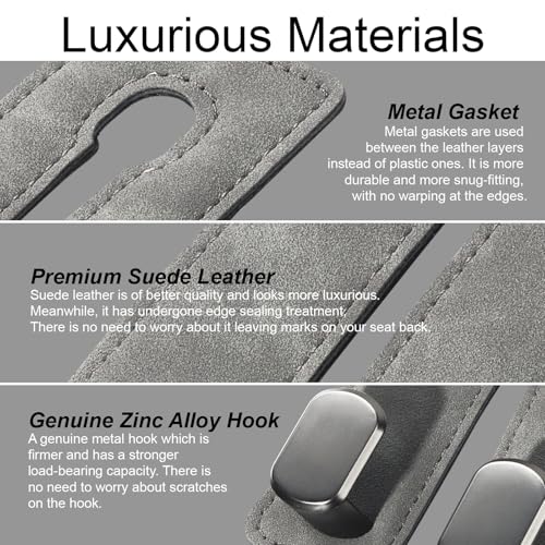 Purse and Bag Hook for Car, Zinc Alloy Seat Headrest Hooks, Upgraded Leather Car Seat Back Purses Hanger and Bags Holder (Grey, 2Pack) - color: Gray