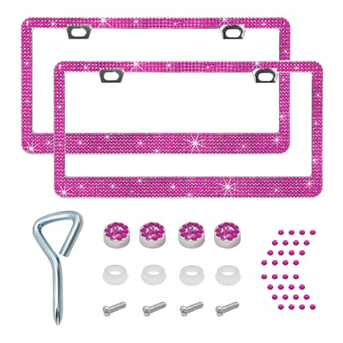Ziciner Bling License Plate Frame, Sparkly License Plate Tag Cover with Multifaceted Rhinestones, Stainless Steel Crystal License Plate Holder, Universal Exterior Car Accessories (Pink, 2PCS) - color: Pink, 2PCS
