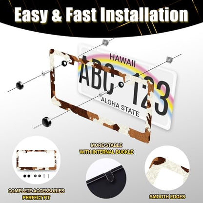 Brown White Cows Print License Plate Frame Animals Texture License Plate Holders Funny Stainless Steel Car Bracket 2 Hole with Screws Universal Auto Accessory License Plate Frames 6.2x12.2 Inch - color: Animals Brown White Cow Print