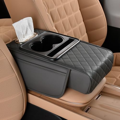 Multifunctional PU Leather Car Armrest Box Mat, 5-in-1 Center Console Cushion Cover with Storage Box, Cup & Phone Slot & Tissue Holder, Universal Waterproof Interior Organizer (Gray) - color: Gray