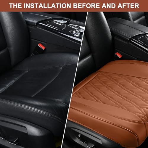 TIEHESYT Luxury Faux Leather Car Seat Cover Front Bottom Protector, Seat Cushion Without Backrest, Anti-Slip and Wrap Around The Bottom, Fit Most Cars & Vehicles, 2 Piece, Brown - color: Brown, size: 2 PCS