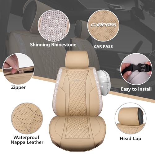 CAR PASS Beige Leather Bling Car Seat Covers Full Set, Luxury Microfiber Nappa PU Cushioned, Waterproof Anti-Slip Universal Fit for Auto SUV Sedan Sparkly Glitter Shining Rhinestone, Beige Diamond - color: Beige Diamond, size: Full Set
