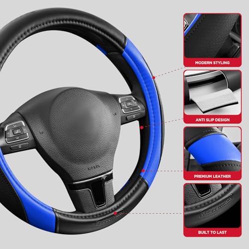 Rubbermaid Steering Wheel Cover – Universal Fit 14.5"–15" Steering Wheel Cover, Anti-Slip Grip, Breathable Leather, All-Season Protection, Interior Upgrade for Cars, Trucks, SUVs - Blue - color: Blue