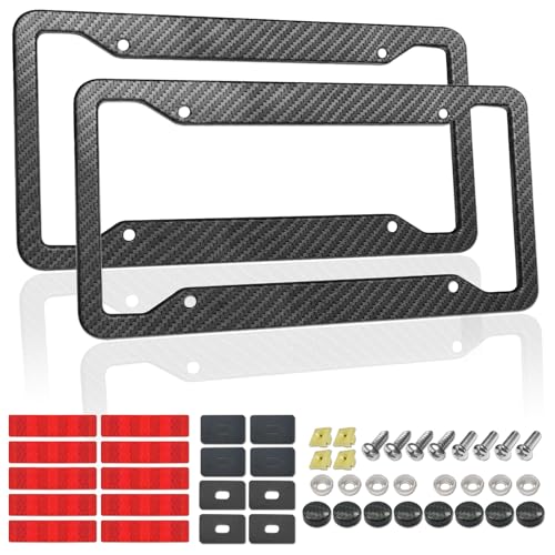 Carbon Fiber License Plate Frames- 2 Pack Black Aluminum Car Tag Holder, with Mount Screws Caps, Rattle Proof Pads, Reflective Stickers, Universal Fit for Front/Rear - color: Carbon