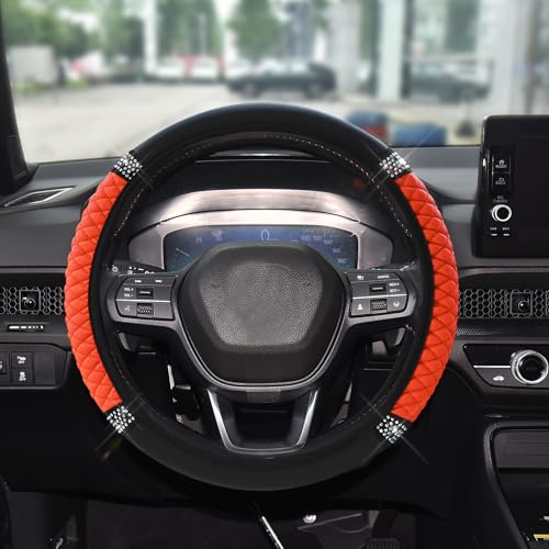 Bling Soft Leather Steering Wheel Cover, 15 Inch Colorful Rhinestones Auto Elastic Steering Wheel Protector for Women Girls, Car Accessories Anti Slip Steering Wheel Cover for Cars, SUVs (Orange) - color: Orange