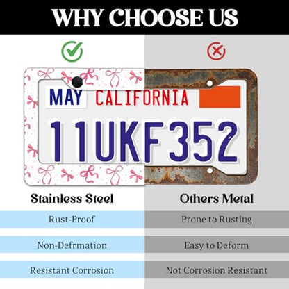 2 Pack License Plate Frames, Pink Bowknot License Plate Cover, Universal US Stainless Steel License Plate Holder with Screws for Women Men - color: Pink Bowknot