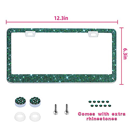 Bling License Plate Frame for Women, 1PCS Sparkly Stainless Steel License Plate Frames| Over 1000 pcs 14 Facets Bedazzled Clear Glass Diamond Rhinestone Crystals w/Free Glitter Diamond Box (Green) - color: Green