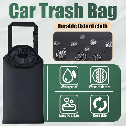 ecocstm 2 PCS Car Trash Bags, Car Accessories Washable Garbage Bag Hanging, Detachable Trash Can with Top Elastic Vent & Sticky Strap Bottom Opening, Seat Back Tash Bag for Cars,Travelling,Outdoor